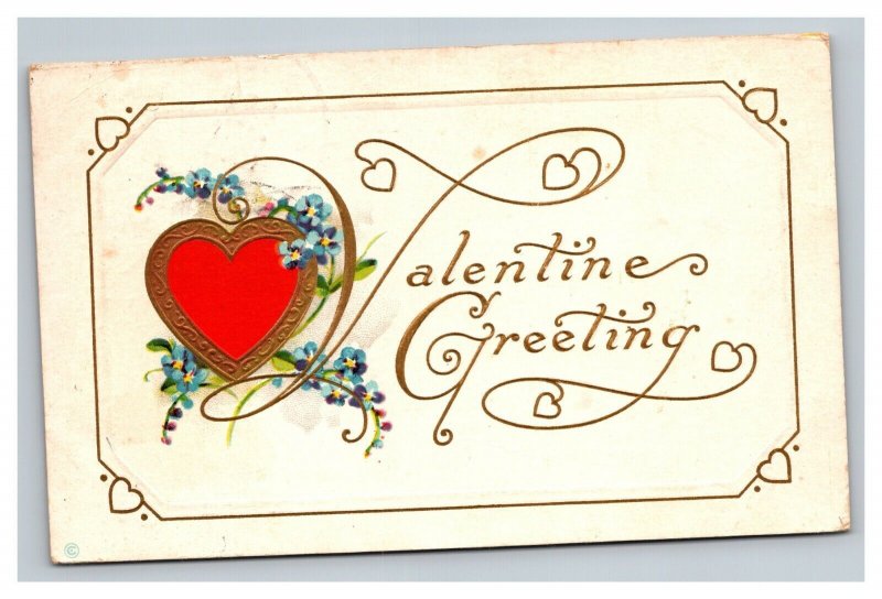 Vintage 1916 Valentines Postcard Gold Rimmed Heart Fine Lettering Blue Flowers