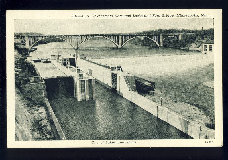 Minneapolis, Minnesota/MN Postcard, US Government Dam & Locks, Ford Bridge