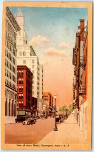 DAVENPORT, Iowa  IA    View of MAIN STREET Scene  ca 1940s Linen Postcard