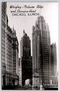 Chicago IL Wrigley Tribune Buildings And Sheridan Hotel RPPC Postcard C43