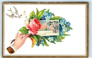 c1880s Constructed Hand Die Cut on Gold Border Trade Card Bird Rose Church C24