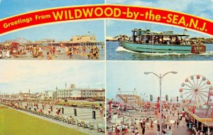 WILDWOOD BY THE SEA~MULTI IMAGE GREETINGS 1960s POSTCARD-PIERS-FERRIS WHEEL-BOAT