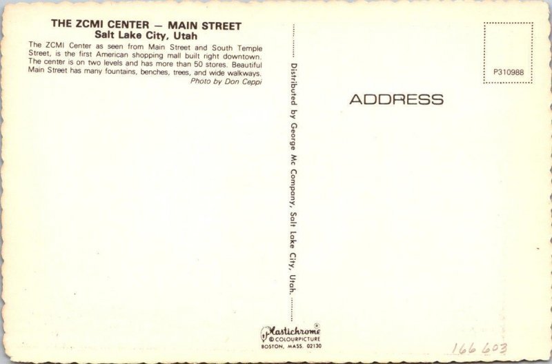 Salt Lake City, UT Utah  ZCMI CENTER SHOPPING MALL~Closed  ROADSIDE 4X6 Postcard