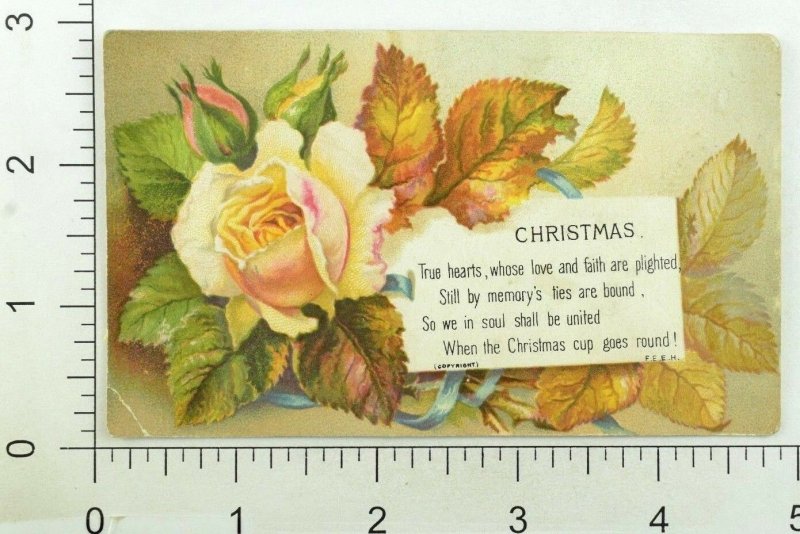 1880's Victorian Christmas Card Poem Leaves Rose P108
