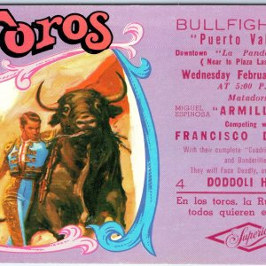 1985 Puerto Vallarta, Mexico Bullfight Ad Postcard Armillita Doddoli Plaza A346