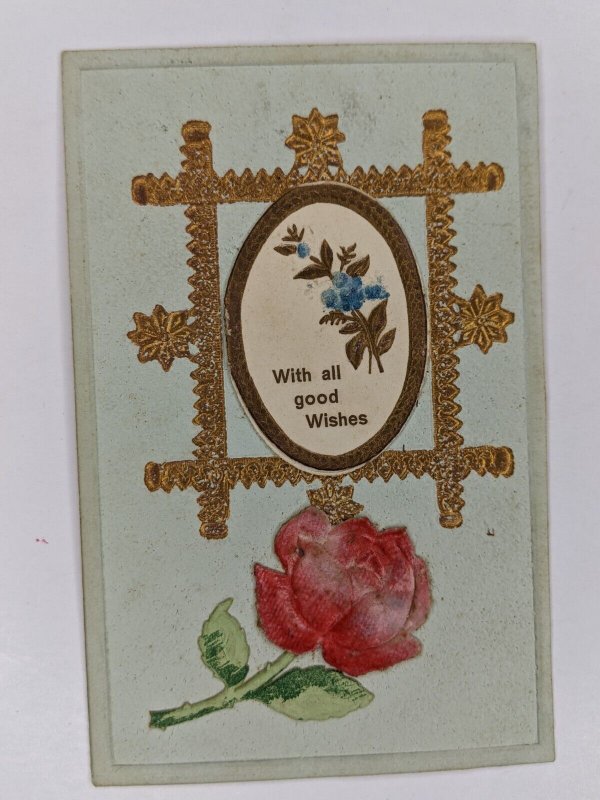 c1910s Embossed Door Fold Open Good Wishes Poem Card Postcard Rose Gilt A79