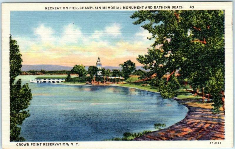 CROWN POINT, NY  Recreation Pier CHAMPLAIN MEMORIAL LIGHTHOUSE Monument Postcard