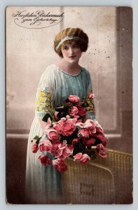 c1917 Lady in Blue with Pink Roses Birthday Wishes Vintage Postcard 1119