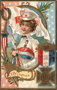 Memorial Day Civil War Nurse Mourns Soldiers Red Cross Flag c1910 PC