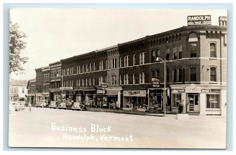 1950s Randolph VT Real Photo Postcard RPPC Street Stores Coca Cola Signs Cars United States