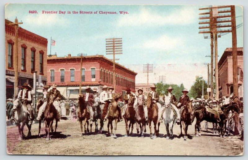 Cheyenne Wyoming~Frontier Day on City Streets~Horseback Riders 10 Abreast~c1910 