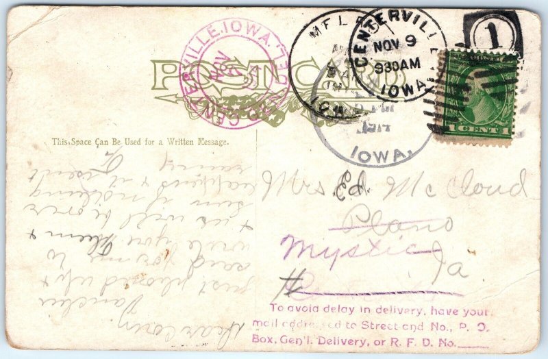 1914 Centerville, IA Gen Del Cancel Stamp Error Wrong Town Address Mystic A67