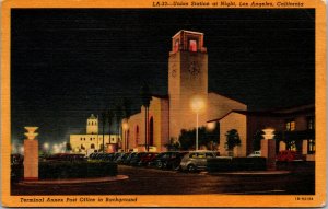 Vtg 1940s Union Station at Night Los Angeles California CA Linen Postcard