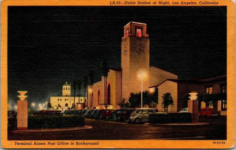 Vtg 1940s Union Station at Night Los Angeles California CA Linen Postcard