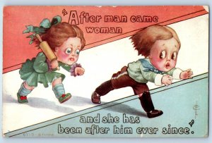 Humor After Man Came Woman With Roller Dough And She Has Been After Him Postcard