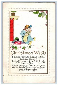 c1910's Christmas Wish Little Girl Stockings Full Of Toys Holly Berries Postcard 