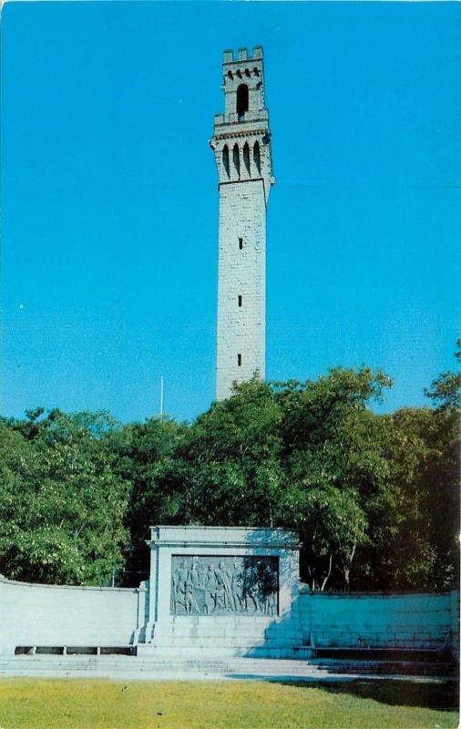 Provincetown~Cape Cod MA~Pilgrim Memorial Monument~Sculpture~1950s Postcard 