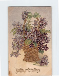 Postcard Birthday Greetings with Basket of Flowers Embossed Art Print