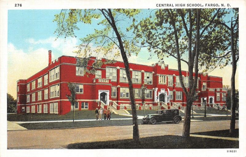 Fargo North Dakota~Central High School~Students on Sidewalk~Vintage Car~Postcard