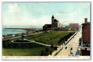 1908 Lake Front Looking South Logan Statue Illinois Central Chicago IL Postcard