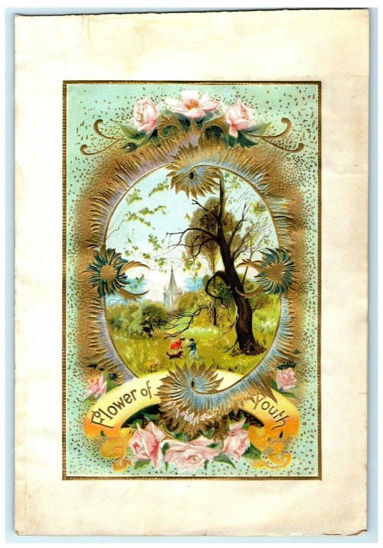 1880's Fab Flower of Youth Dresden Gilt Scene Victorian Trade Card &A