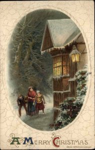 Winsch Christmas Children Outside Home at Night c1910 Vintage Postcard