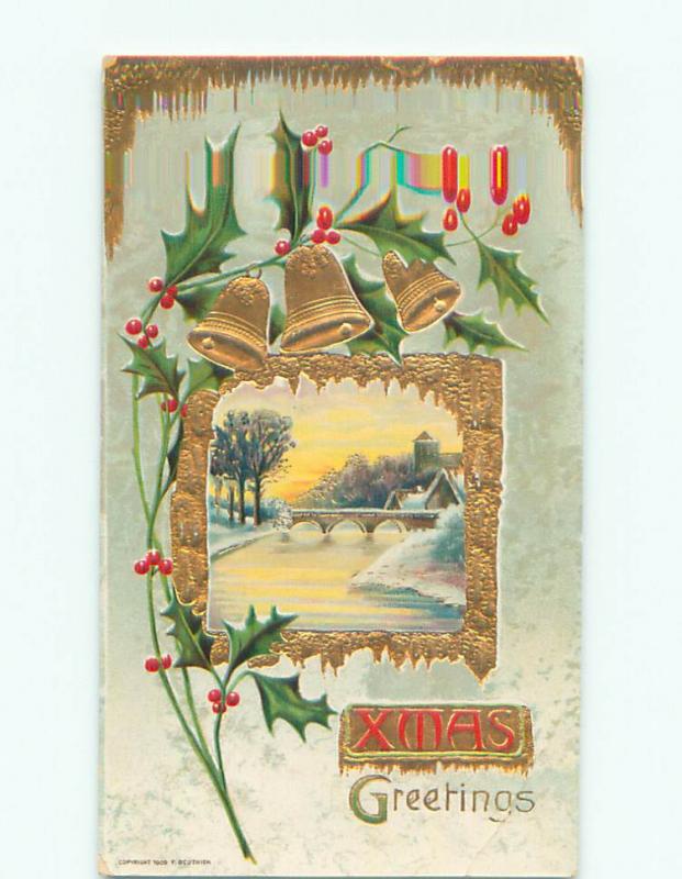 Pre-Linen christmas ARCHED BRIDGE OVER ICY RIVER & GOLD BELLS k1408