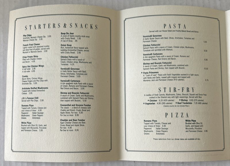 JB Winberie Restaurant & Bar Boston, MA Stouffer Restaurant Co 1987 Vintage Menu