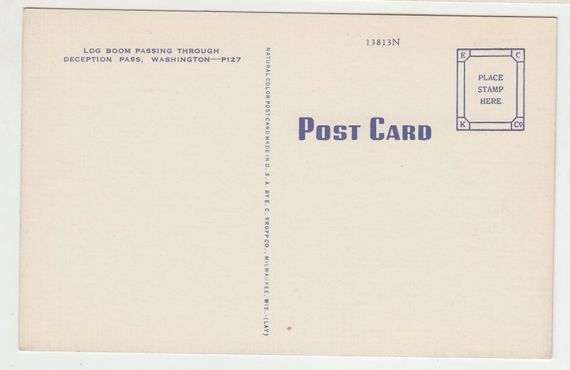 P2854 vintage postcard hugh log raft tugboat through deception pass washington