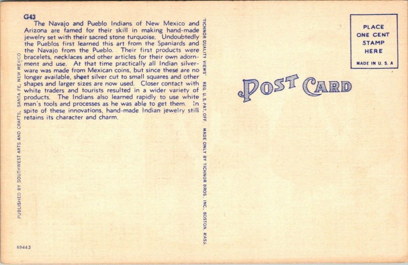 Indian Silversmiths Making Jewelry Linen Postcard