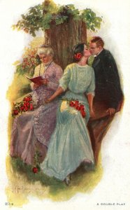 Vintage Postcard 1910's A Double Play Old Woman Reading Book Kissing Scene Art