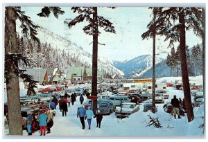 1965 Stevens Pass Summit Ski Time Snow Classic Cars Tourists Buildings Postcard