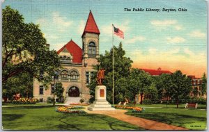 Dayton Ohio, 1953 The Public Library Building, Statue, US Flag, Vintage Postcard