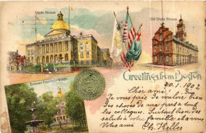 PC CPA US, MA, BOSTON, STATE HOUSE, BREWER FOUNTAIN, LITHO POSTCARD (b6497)