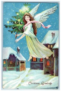 c1910's Christmas Greetings Angel Floating With Christmas Tree Embossed Postcard 