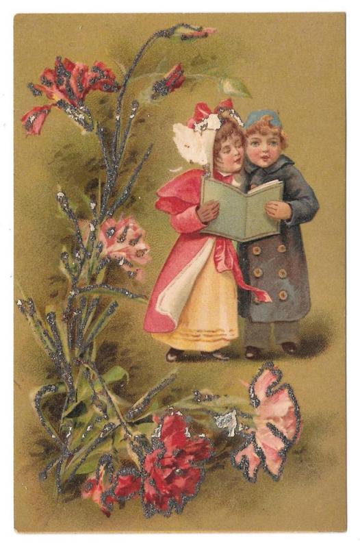 Children Sharing Song Book Flowers Glitter Postcard