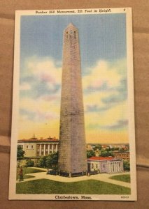 UNUSED .01 LINEN POSTCARD - BUNKER HILL MONUMENT, CHARLESTOWN, MASSACHUSETTS