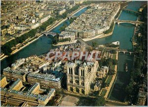 Postcard Modern airplane on Paris Ile de la Cite Notre Dame and the Ile Saint...