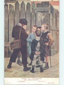 Unused Pre-Linen foreign signed EUROPEAN KIDS MEETING BY OLD WOODEN FENCE J4798