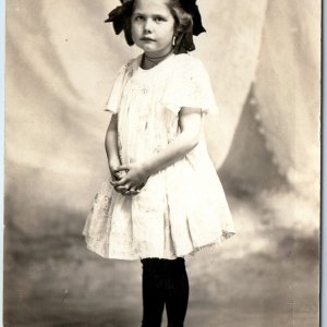 c1910s Cute Young Lady RPPC Studio Portrait Nice Fold Hands Real Photo Girl A260