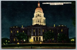 Denver Colorado 1940s Postcard State Capitol By Night