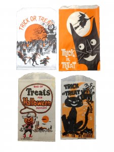 Vintage Halloween Trick Or Treat Candy Bags Cowboy Goblins Witch Black Cat Lot 4