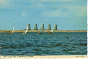 Sailing on Lake Diefenbaker SK Sask Gardiner Dam Embankment Vintage Postcard D17