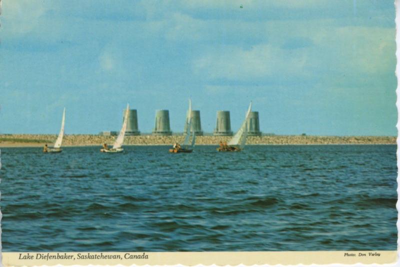 Sailing on Lake Diefenbaker SK Sask Gardiner Dam Embankment Vintage Postcard D17