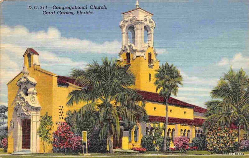 Congregational Church Coral Gables Florida 1947 linen postcard