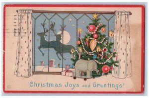 Christmas Postcard Greetings Reindeer On Window Christmas Tree Austin TX 1922