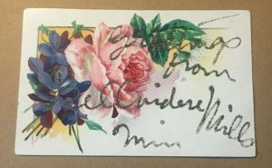 VINTAGE POSTCARD LILIES EMBOSSED GREETINGS FROM BELLVIDERE MILLS, MINN. GLITTER