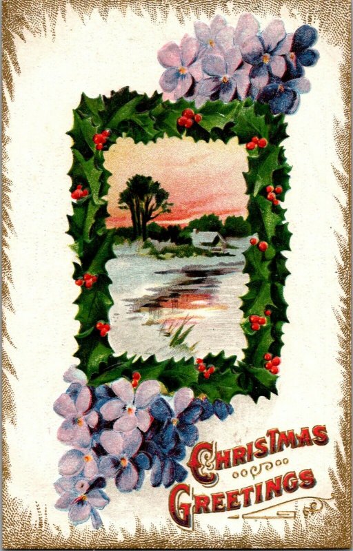 Holly Violets golden icicles frozen lake Christmas postcard c1910