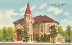New Orleans LA First Methodist Church Linen Postcard Unused, 1108 St Charles St