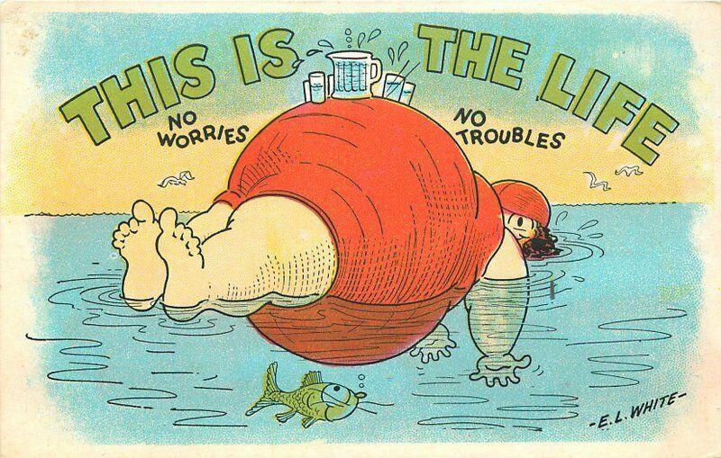 Artist impression 1920s Fat Lady Bather Comic Humor White Postcard 229